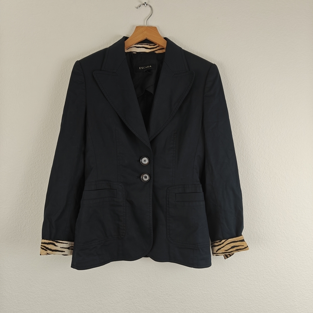 Escada Blazer Women's 36 Small Cotton Stretch Animal Print Cuffs 2 Button Jacket